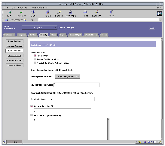 Screenshot of the Install a Server Certificate Page of the Sun ONE Web Server 4.1 Administration Server