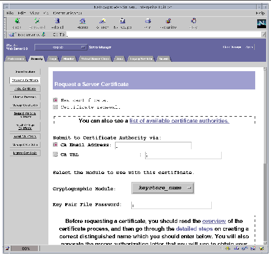 Screenshot of the Request a Server Certificate Page of the Sun ONE Web Server 6.0 Administration Server