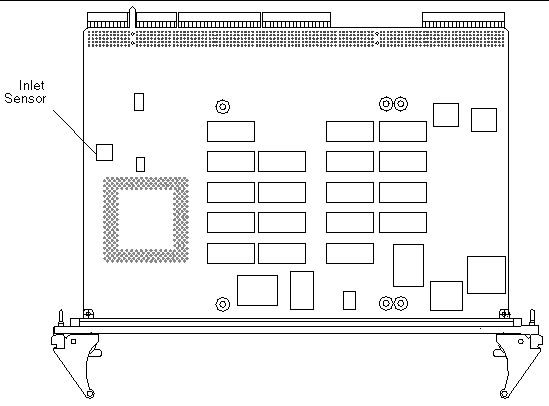 The Netra CP2300 cPSB board shown from the bottom, with the inlet sensor on the left; the latches are at the bottom of the figure.