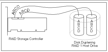 Drawing showing the architecture of a RAID 1 (Disk Duplexing) configuration.The preceding text describes what is in the figure.