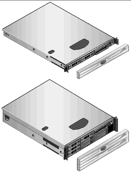 Figure showing box-level views of the outward physical appearance of both the Sun Fire V60x and Sun Fire V65x servers.