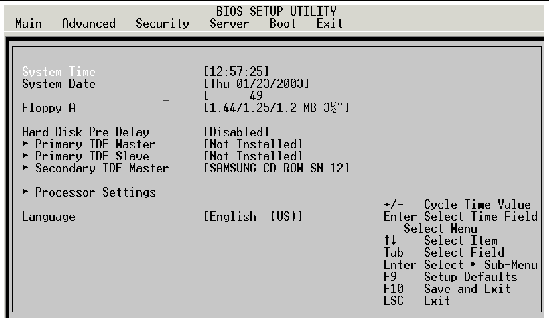 The main menu items shown on the top of the BIOs setup utility main screen from left to right include: Main, Advanced, Security, Server, Boot and Exit.