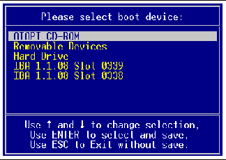 Screen capture of BIOS utility screen for selecting from available boot devices. 