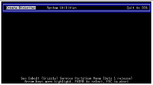 Screen capture of displayed Service Partition screen. The following text describes the main menu items the screen
