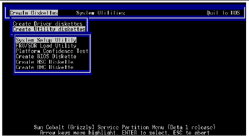 Screen capture of displayed Create Diskettes Submenu in Service Partition screen. Submenu options include: Create driver diskettes and Create Utility diskettes.