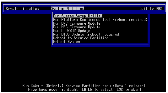 Screen capture of the "System Utilities" submenu of the Service Partition screen. The following list explains the submenu options.