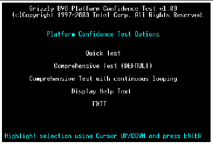 Screen capture of the PCT test menu showing choices.