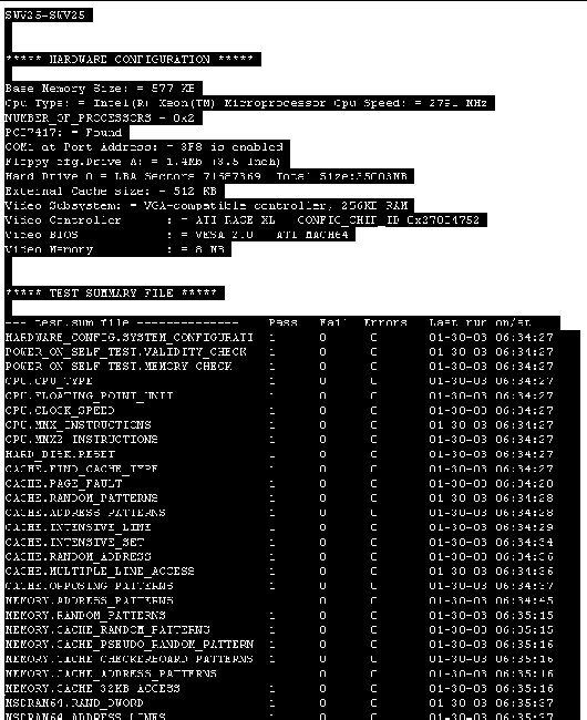 Screen capture example of display of log file that lists complete test result information.