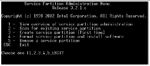 Screen capture of the text menu from which Service Partition options can be selected. The following steps describe the actions to take in this screen.