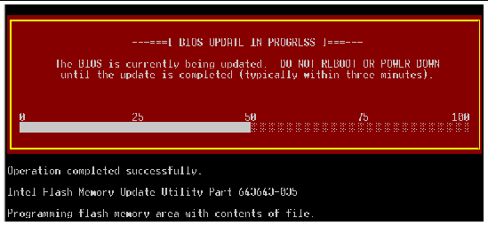 Screen capture of the progress of the second BIOS update. This screen graphically shows progress as a percentage.