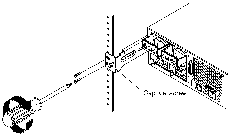 Figure showing how to secure the rear of the server into a rack.