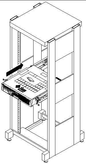 Figure showing how to slide the server onto the adjustable rails.