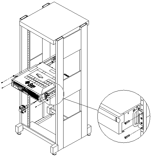 Figure showing how to secure the front of the server to the rack.
