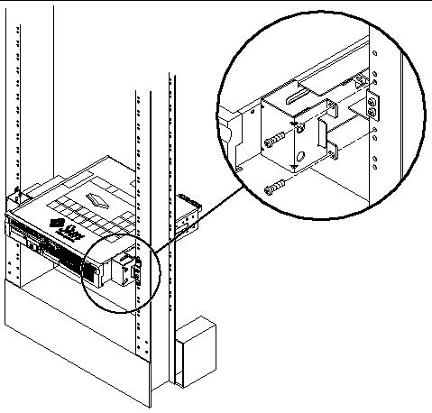 Figure showing how to secure the server in the two-post rack.