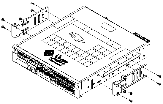 Figure showing where to secure the side brackets to the side of the server.