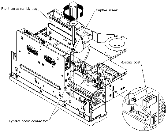 This figure shows the front fan assembly tray being removed. It also shows a magnified view of how the cables to the system board connectors must be routed.