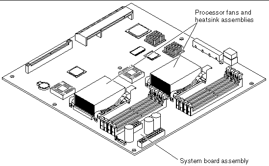 This figure shows the processor fans and heat sink assemblies on a replacement system board.