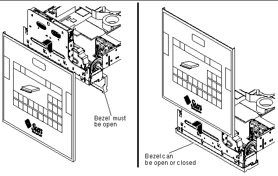 This figure shows two methods of hanging the detached cover on the server. The first shows the cover hanging downward, and the second shows the cover hanging in a raised position.