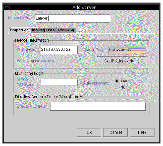 Screen capture of the Add Sever window showing the Properties options.