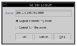 Screen capture showing Server Logout dialog box with Logout to monitoring mode option selected.