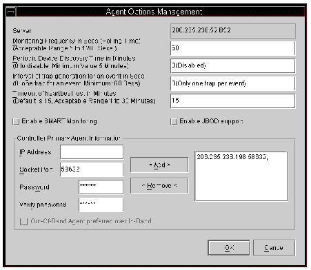 Screen capture of the Agent Options Management window with agent options displayed.