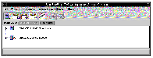 Screen capture of the Sun StorEdge Configuration Service main window showing each host adapter or array controller connected to the server.