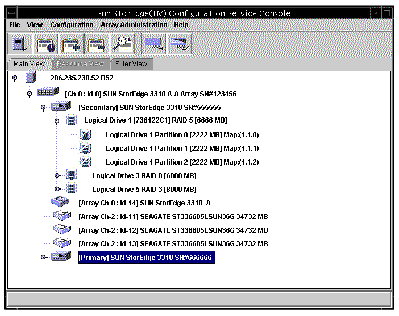 Screen capture of the Sun StorEdge Configuration Service main window showing devices and logical drives associated with the selected controller.