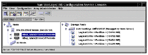Screen capture of the main Sun StorEdge Configuration Service window showing the gray HBA device available for use.