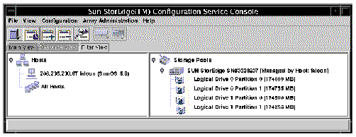 Screen capture of the main Sun StorEdge Configuration Service window showing the Filter View tab selected.