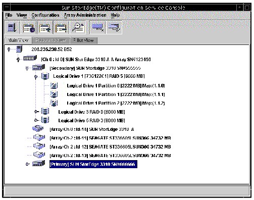 Screen capture showing main Sun StorEdge Configuration Service window in the expanded view.