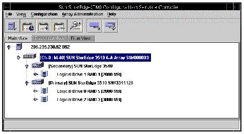 Screen capture showing the main Sun StorEdge Configuration Service window with the array icon selected.
