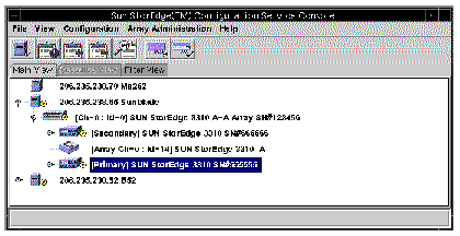 Screen capture showing main Sun StorEdge Configuration Service with the primary controller selected.