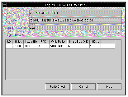 Screen capture showing the Logical Drive Parity Check window.