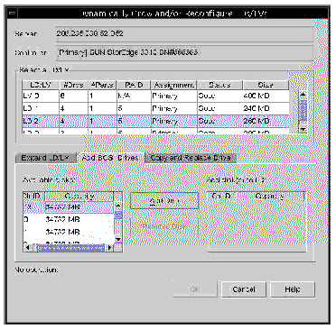 Screen capture showing the Dynamically Grow and/or Reconfigure LDs/LVs window with the Add SCSI Drives tab displayed.