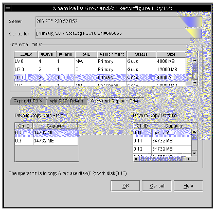 Screen capture showing the Dynamically Grow and/or Reconfigure Logical Drives window with the Copy and Replace Drive tab displayed.
