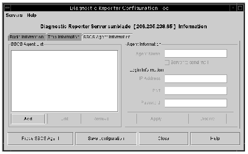 Screen capture showing the Diagnostic Reporter Configuration Tool window with the SSCS Agent Information tab selected.
