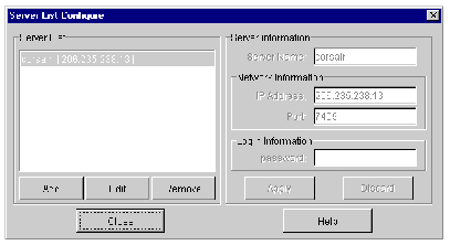 Screen capture showing the Server List Configure window.
