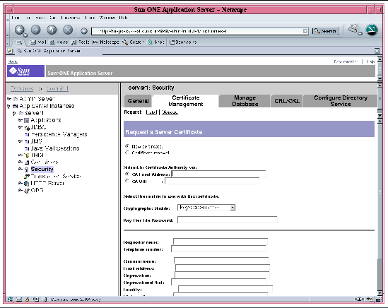 Sceenshot of the Sun ONE Application Server Administration Server Request a Server Certificate Dialog Box