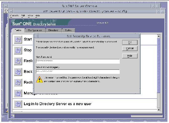 Screenshot of the Sun ONE Directory Server Set Security Device Password Dialog Box