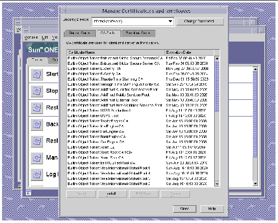 Screenshot of the Sun ONE Directory Server Managing Certificates Dialog Box