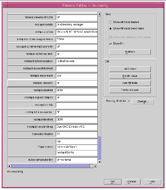 Screenshot of the Sun ONE Directory Server cn=config Editor Dialog Box
