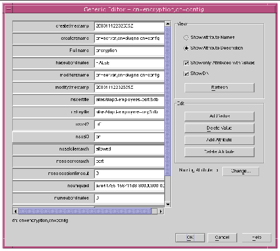 Screenshot of the Sun ONE Directory Server cn=encryption,cn=config Dialog Box