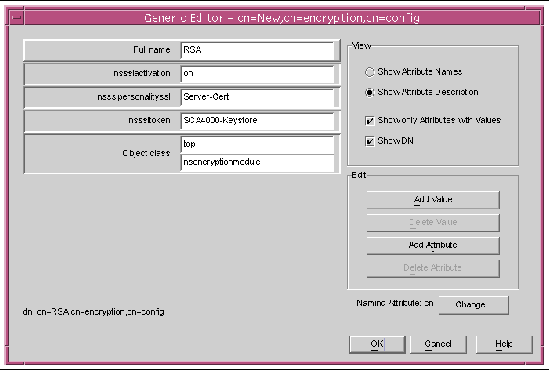 Screenshot of the Sun ONE Directory Server nsEncryption Module Dialog Box