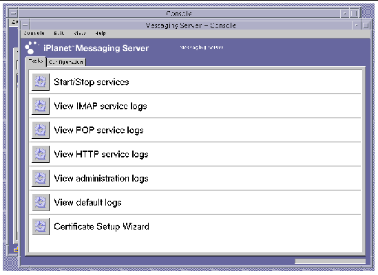 Screenshot of the Sun ONE Messaging Server Main Console Window