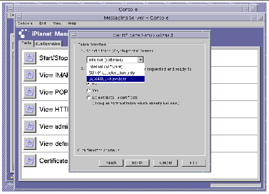 Screenshot of the Sun ONE Messaging Server Certificate Setup Wizard Token Selection Dialog Box