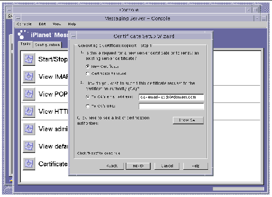 Screenshot of the Sun ONE Messaging Server Certificate Setup Wizard Certificate Request Dialog Box