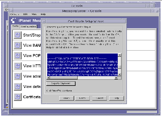 Screenshot of the Sun ONE Messaging Server Certificate Setup Wizard Certificate Delivery Dialog Box
