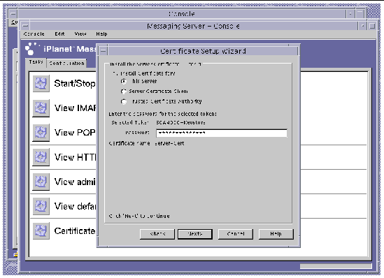 Screenshot of the  Sun ONE Messaging Server Certificate Setup Wizard Password Dialog Box