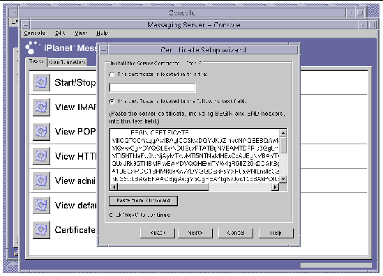 Screenshot of the Sun ONE Messaging Server Certificate Setup Wizard Certificate Entry Dialog Box