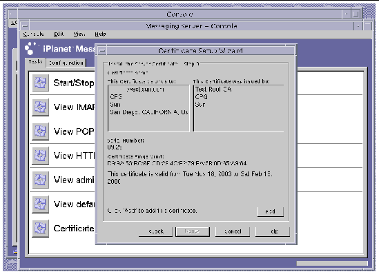 Screenshot of the Sun ONE Messaging Server Certificate Setup Wizard Password Dialog Box